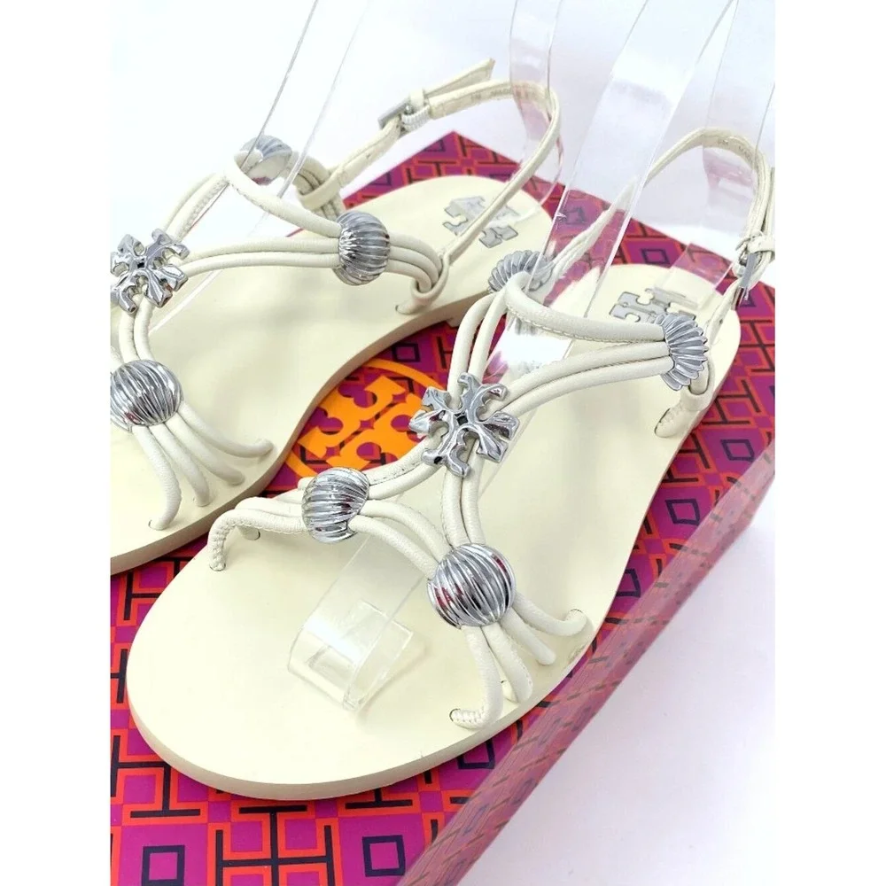 TORY BURCH CREAM LEATHER GLADIATOR SANDALS WITH SILVER HARDWARE NEW IN BOX